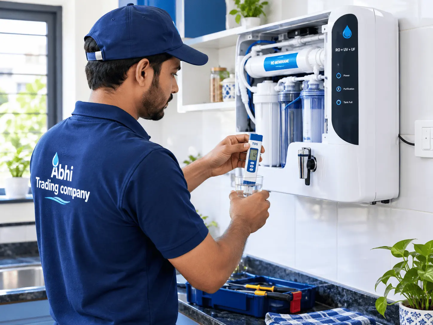 Certified technician repairing a wall-mounted RO water purifier