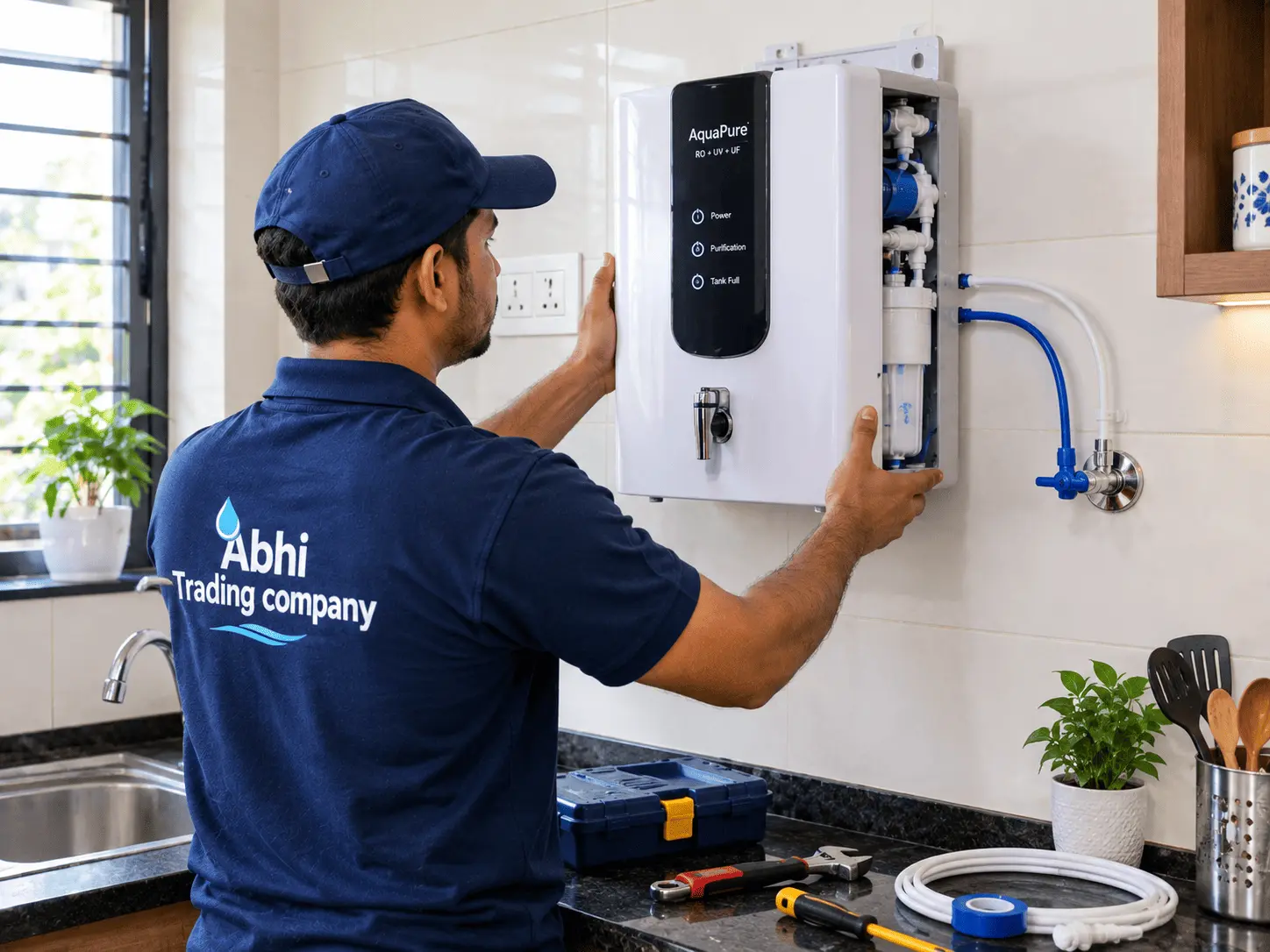New RO purifier being installed on a kitchen wall