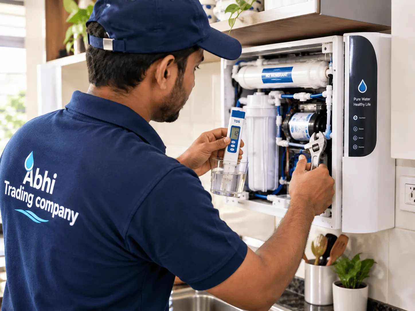 Technician repairing an RO purifier with a TDS meter